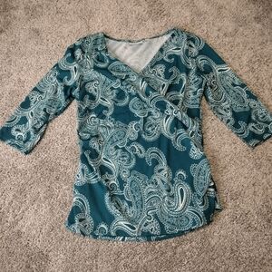 New York & Company Teal Paisley Wrap-Style Blouse Sz M